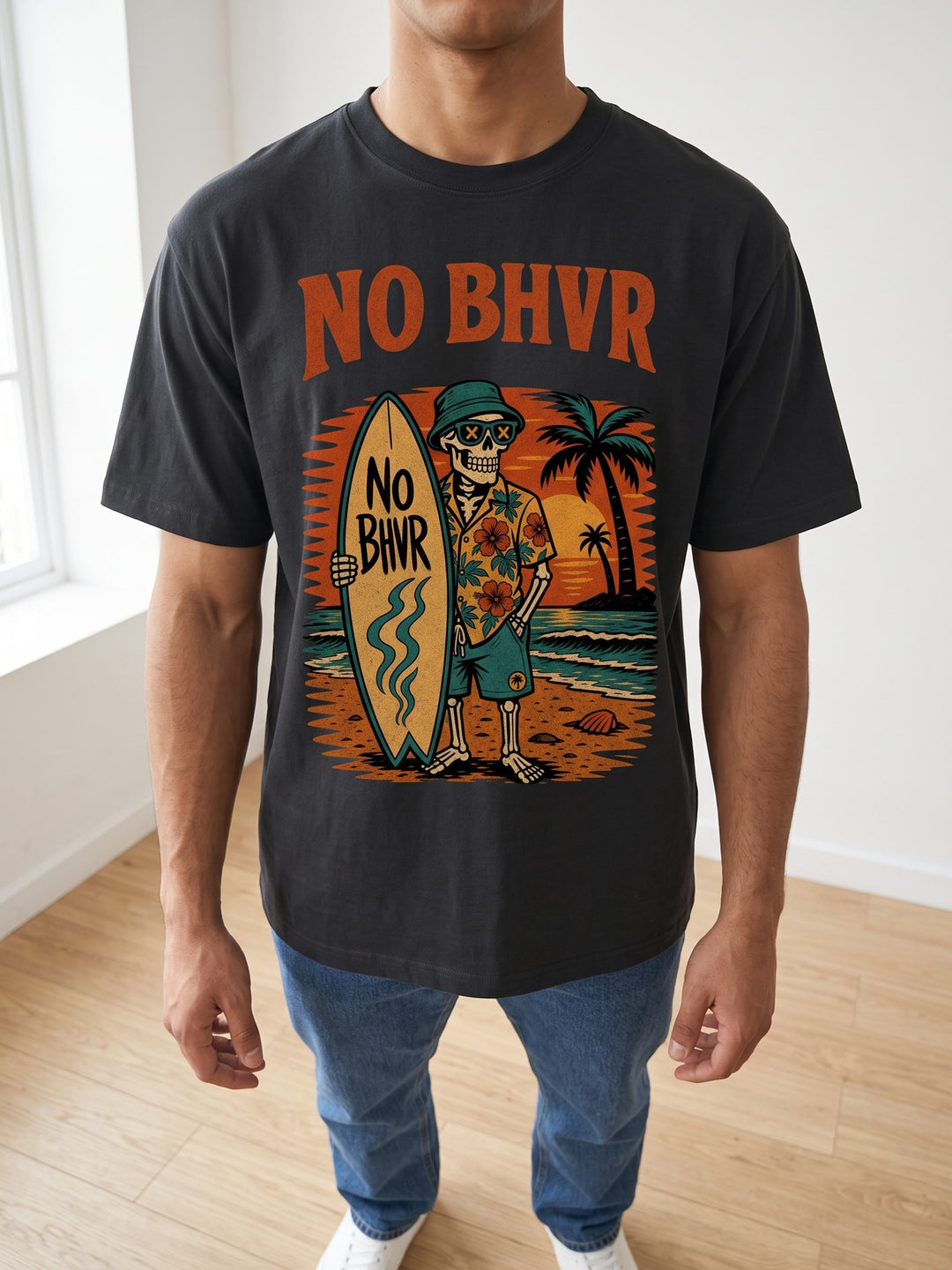 NO BHVR Skeleton Surf T-Shirt (Black) – on model 6