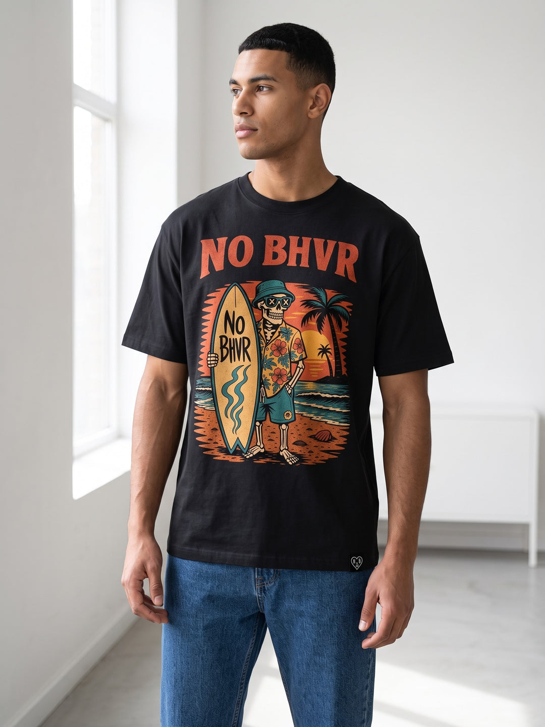 NO BHVR Skeleton Surf T-Shirt (Black) – on model 5