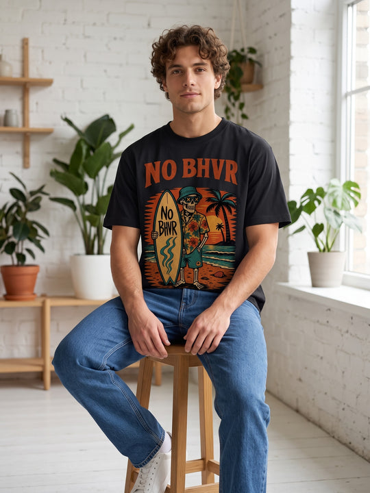 NO BHVR Skeleton Surf T-Shirt (Black) – on model 7
