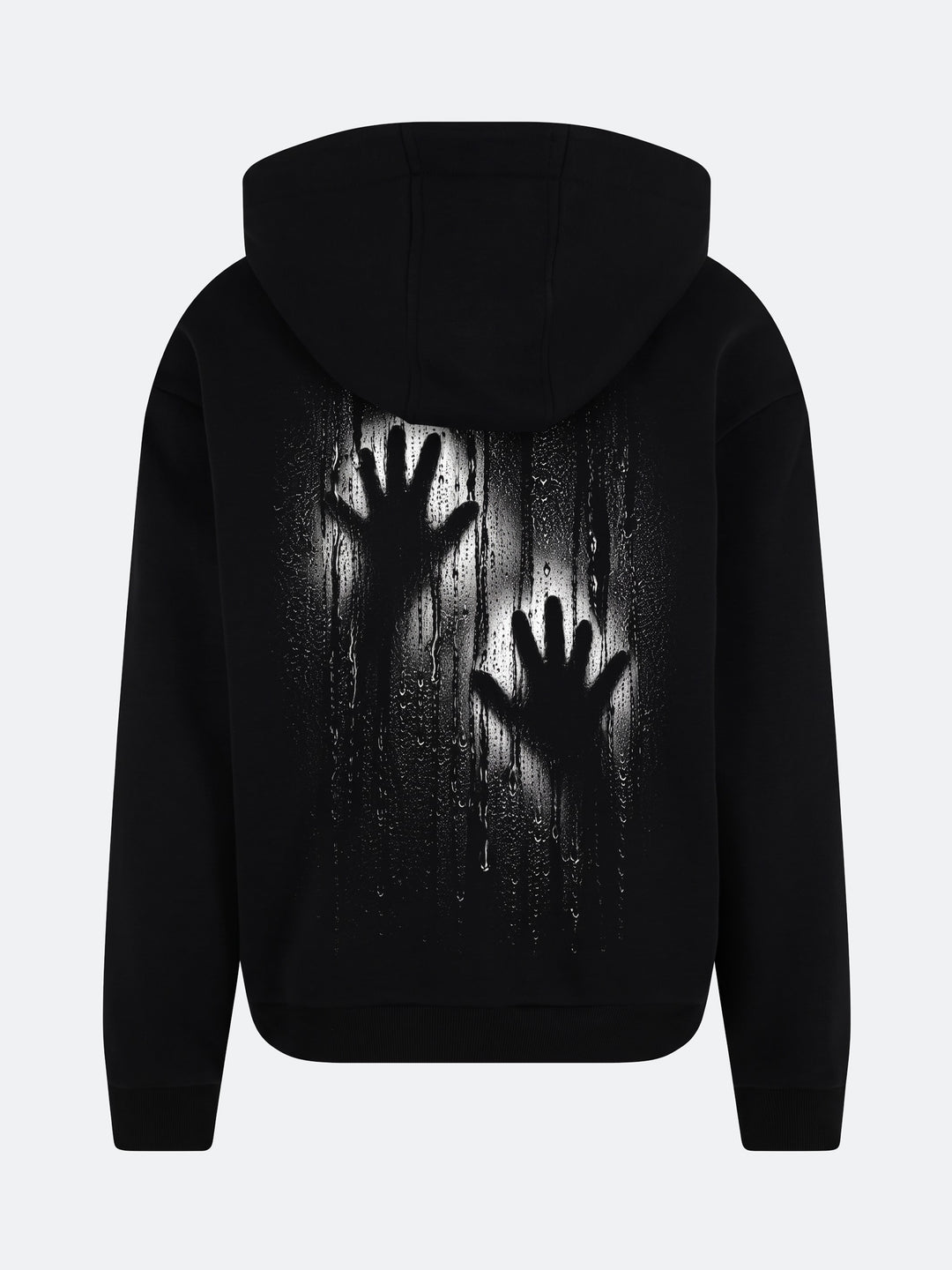Condensation Hands Hoodie in black, back view, laid flat – NO BHVR