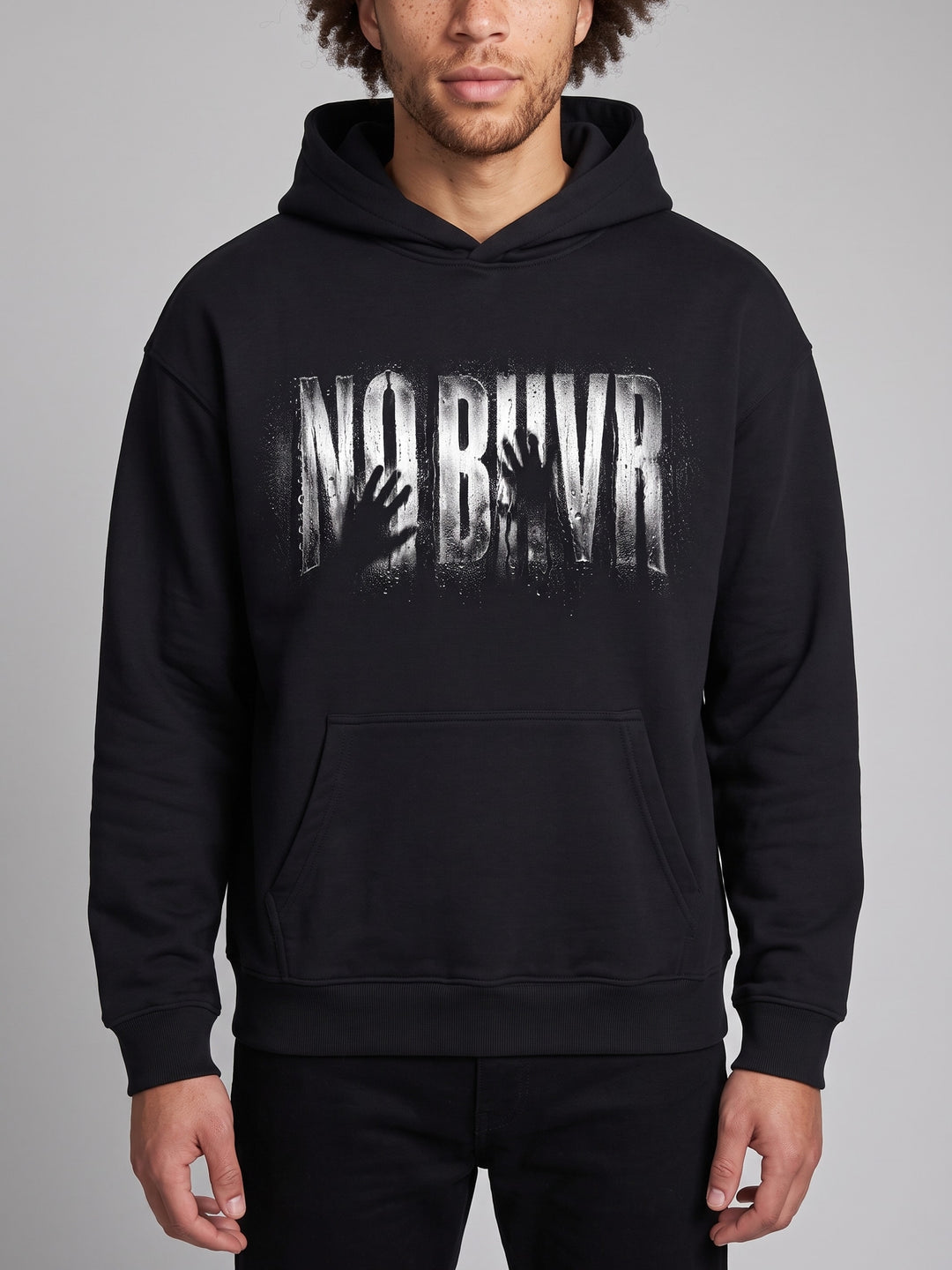 Condensation Hands Hoodie in black, close-up of the print on a model – NO BHVR