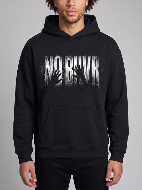 Condensation Hands Hoodie in black, close-up of the print on a model – NO BHVR