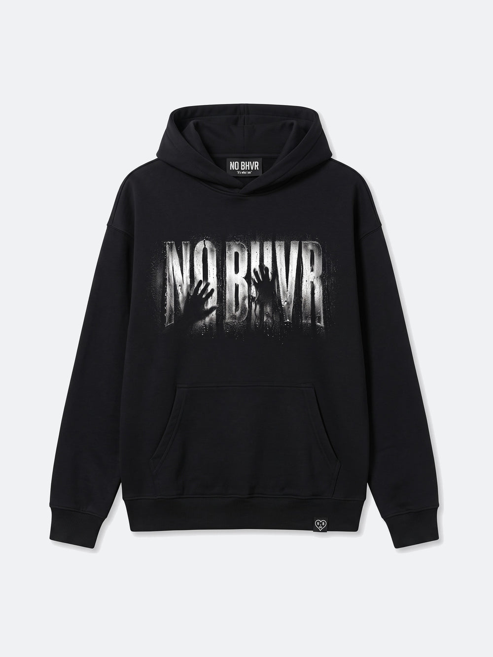 Condensation Hands Hoodie in black, front view, laid flat – NO BHVR
