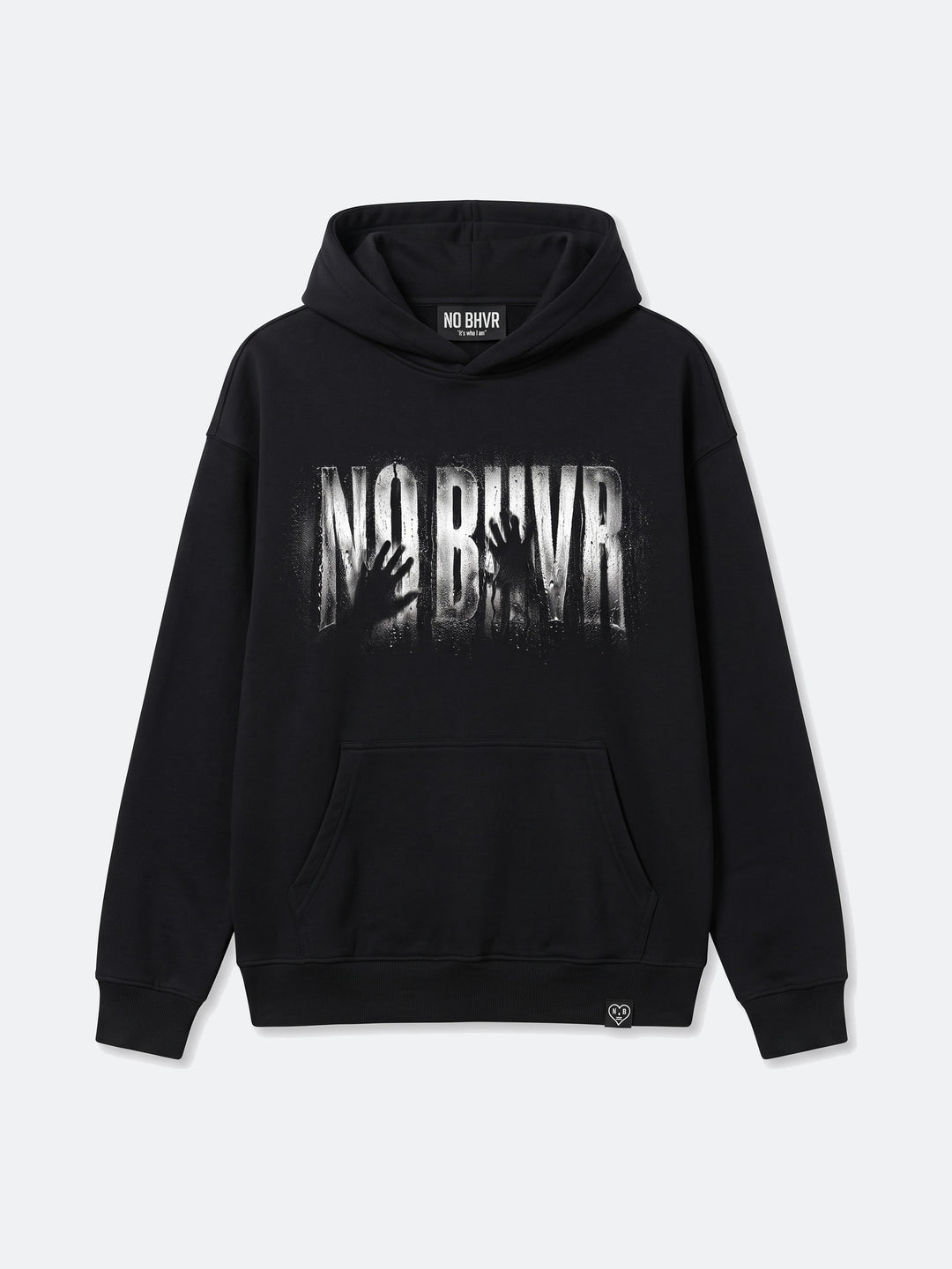 Condensation Hands Hoodie in black, front view, laid flat – NO BHVR