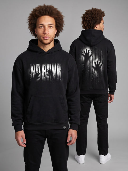 Condensation Hands Hoodie in black, on a model – NO BHVR