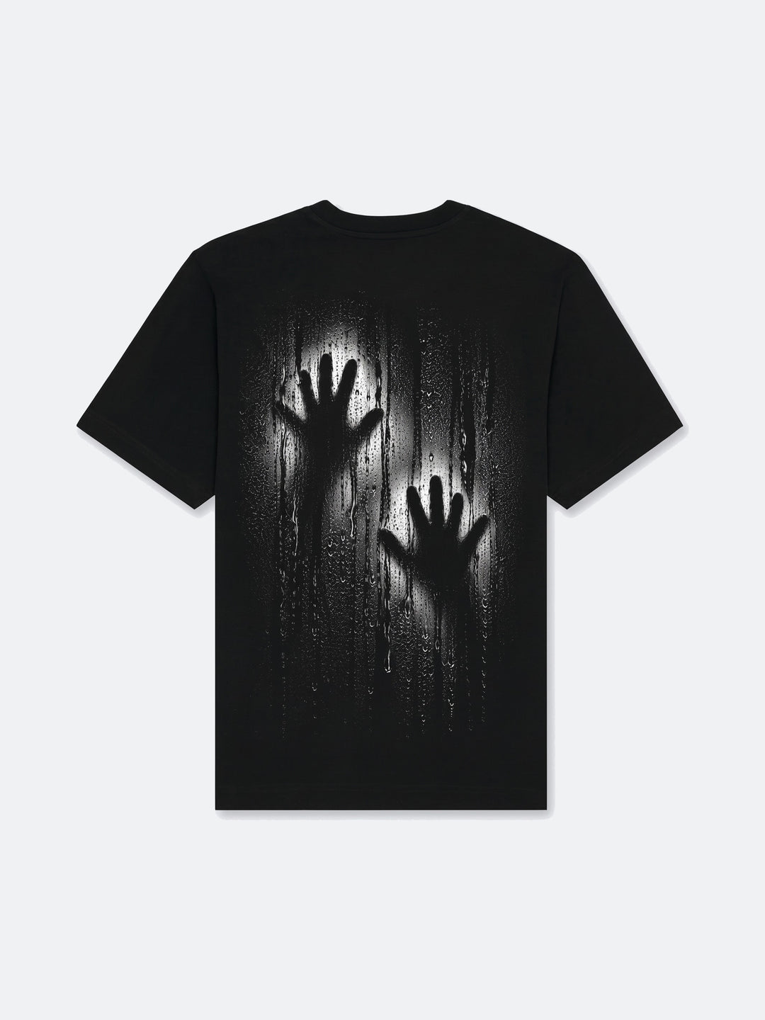 Condensation Hands Tee in black, back view, laid flat – NO BHVR