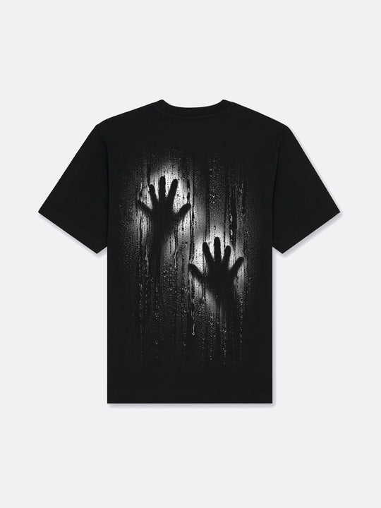Condensation Hands Tee in black, back view, laid flat – NO BHVR