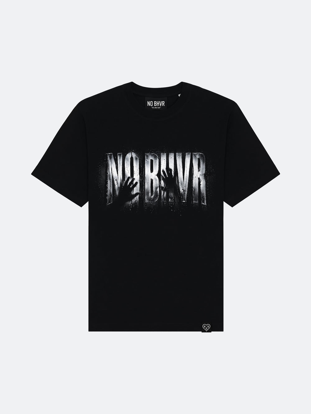 Condensation Hands Tee in black, front view, laid flat – NO BHVR