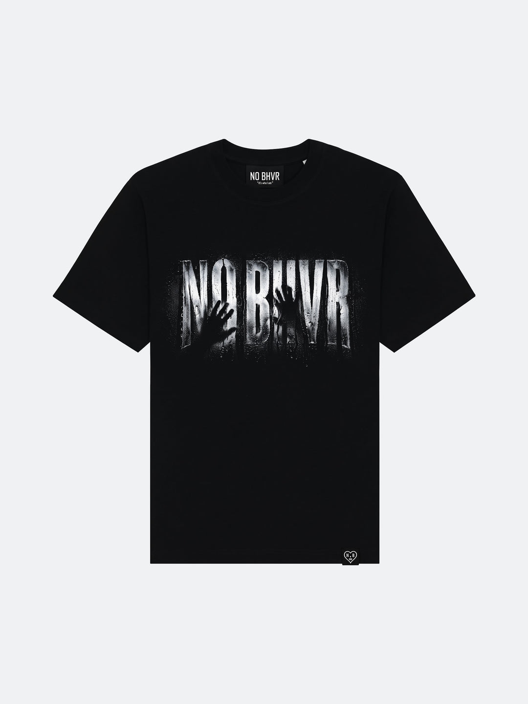 Condensation Hands Tee in black, front view, laid flat – NO BHVR