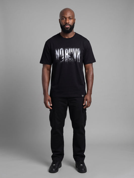 Condensation Hands Tee in black, front view on a model – NO BHVR