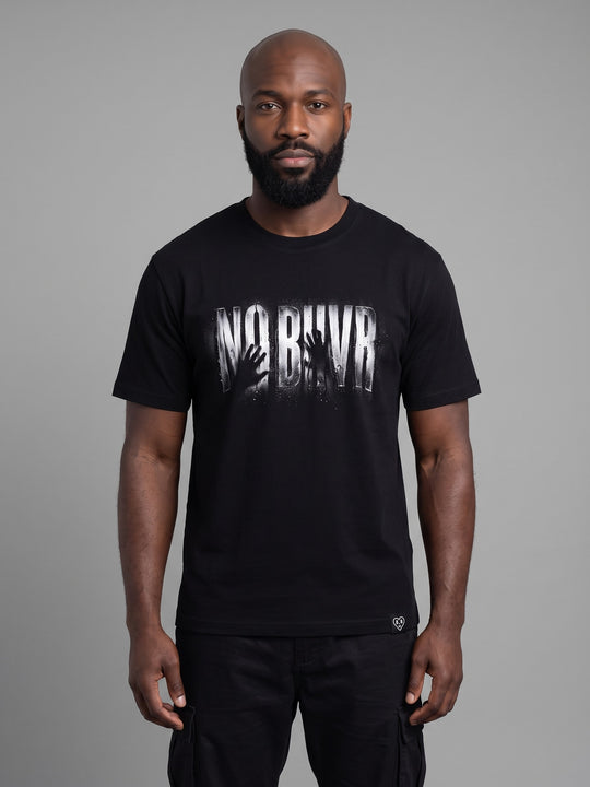 Condensation Hands Tee in black, front view on a model – NO BHVR