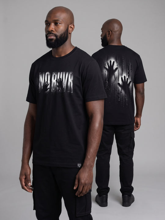 Condensation Hands Tee in black, side angle on a model – NO BHVR