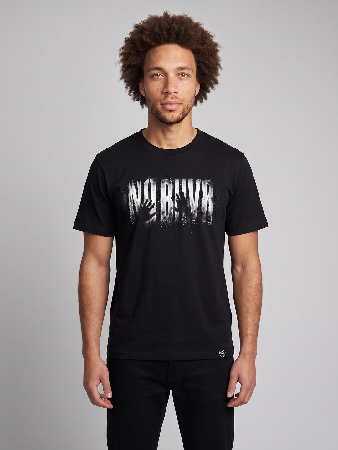 Condensation Lady Tee in black, front view on a model – NO BHVR