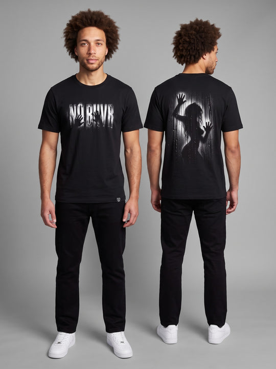 Condensation Lady Tee in black, on a model – NO BHVR