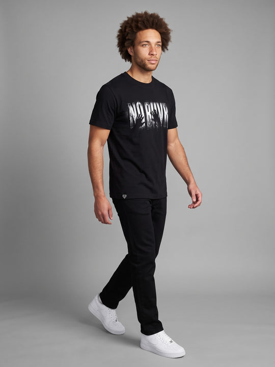 Condensation Lady Tee in black, on a model, walking – NO BHVR
