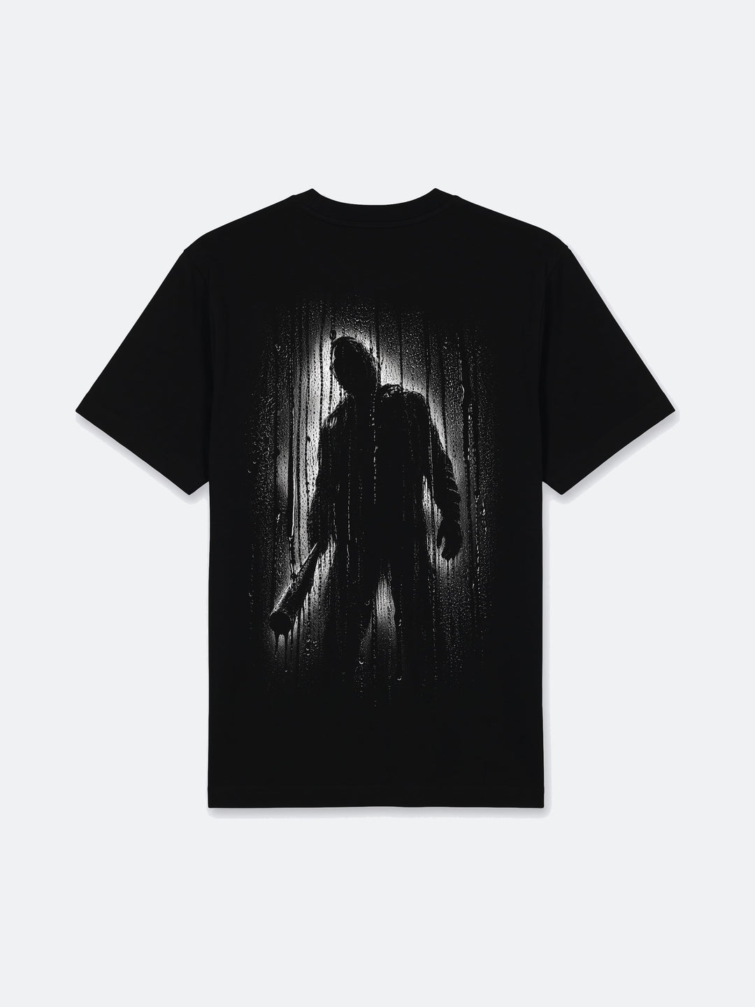 Condensation Man Tee in black, back view, laid flat – NO BHVR