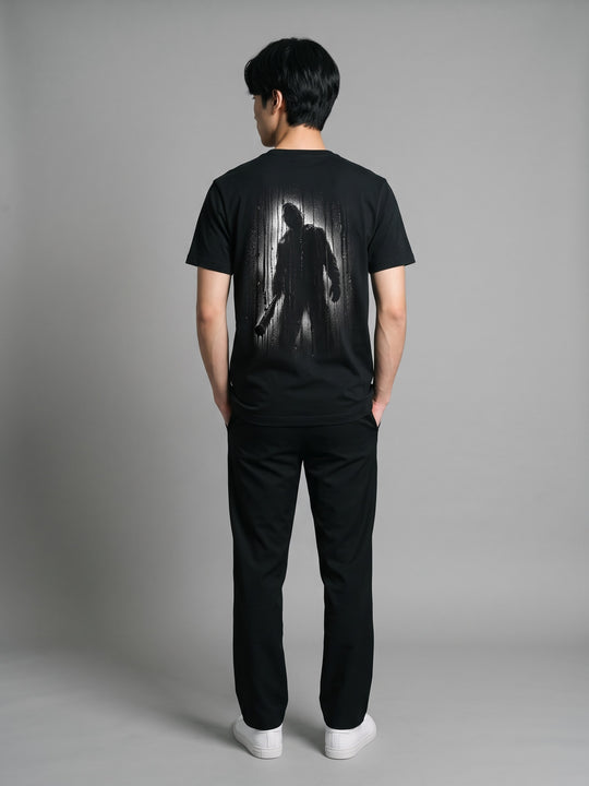 Condensation Man Tee in black, back view on a model – NO BHVR