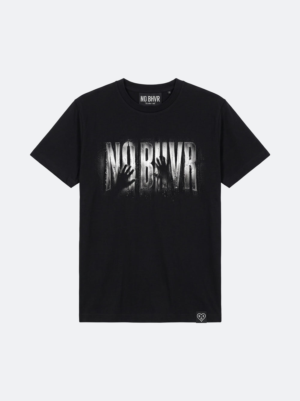 Condensation Man Tee in black, front view, laid flat – NO BHVR