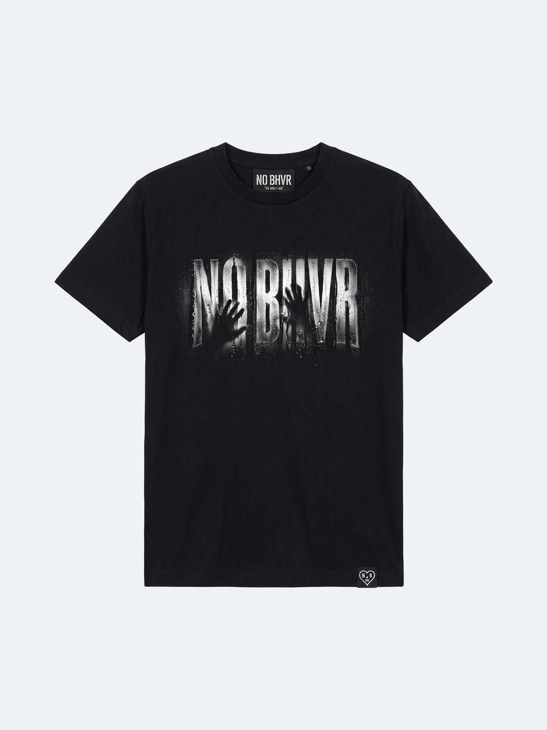 Condensation Man Tee in black, front view, laid flat – NO BHVR