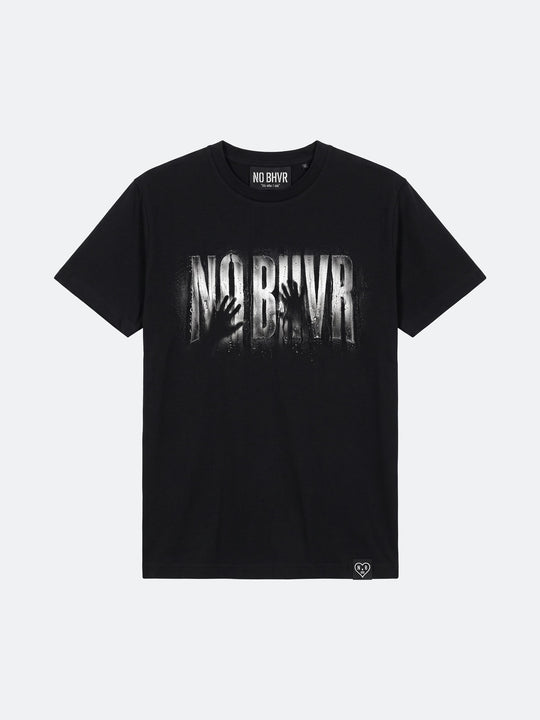 Condensation Man Tee in black, front view, laid flat – NO BHVR