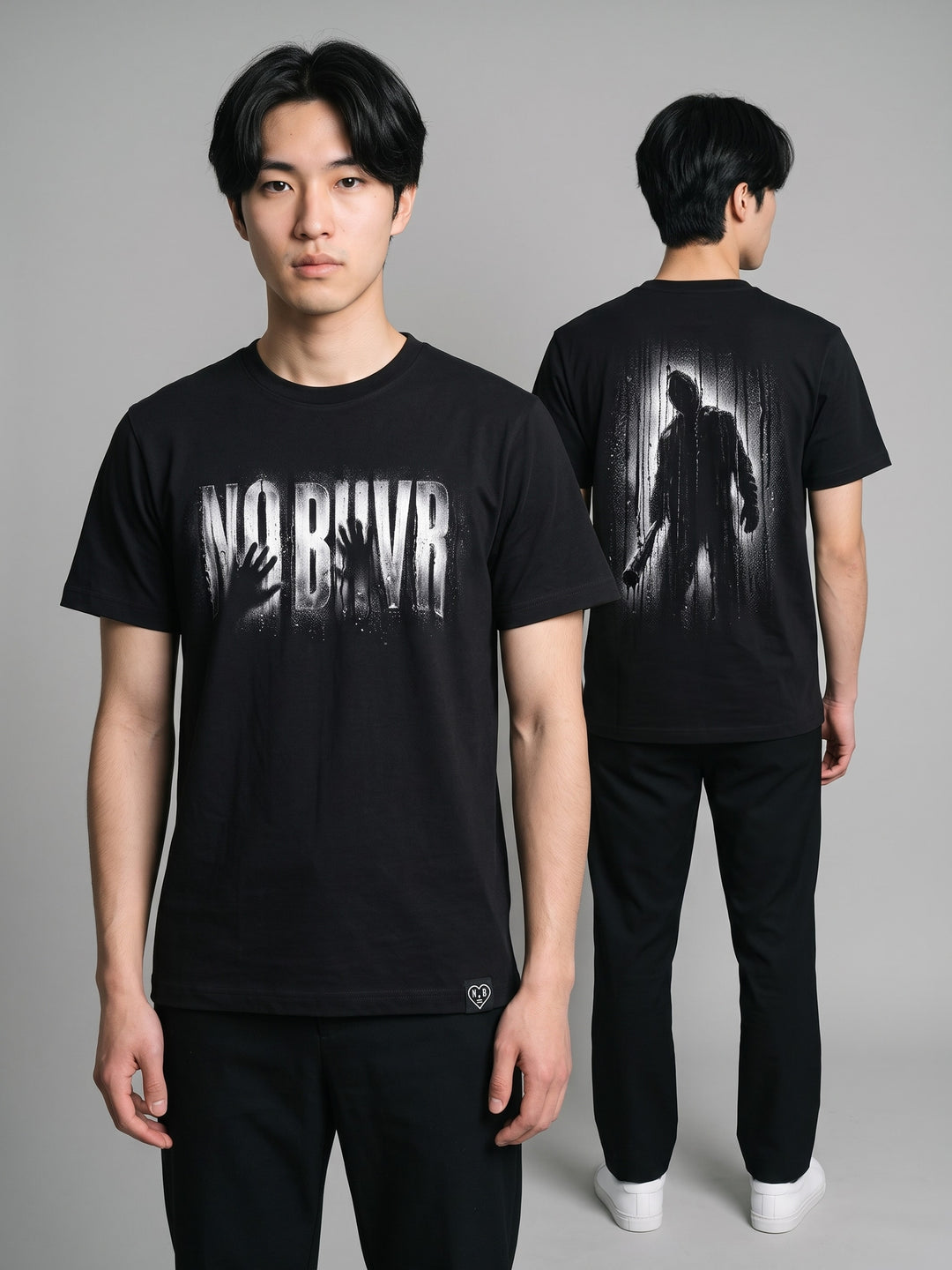 Condensation Man Tee in black, on a model – NO BHVR